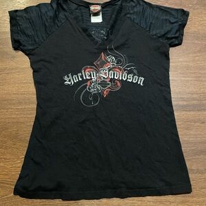 Harley-Davidson Black V-Neck Tee with Red and Silver Graphic